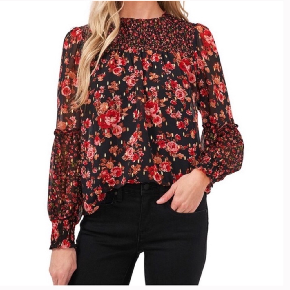 Cece Floral Smocked Long Sleeve High Neck Blouse